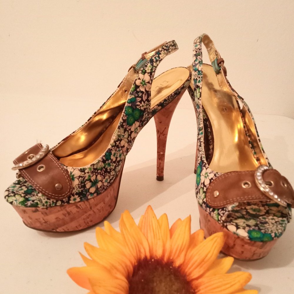 🎀SALE🎀NWOT Rhinestone Cork Platform High Heels Open Toe Buckle Strap Shoes - Picture 15 of 16